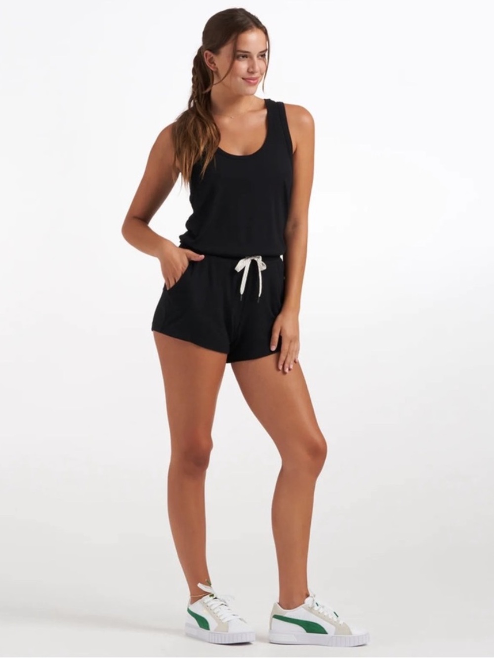 Vuori Torrey Romper Womens S Black Sleeveless Drawstring VW382 Athleisure Lounge